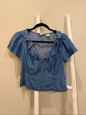 Levi's Blue Denim Tie-Neck Ruffled Women's Top